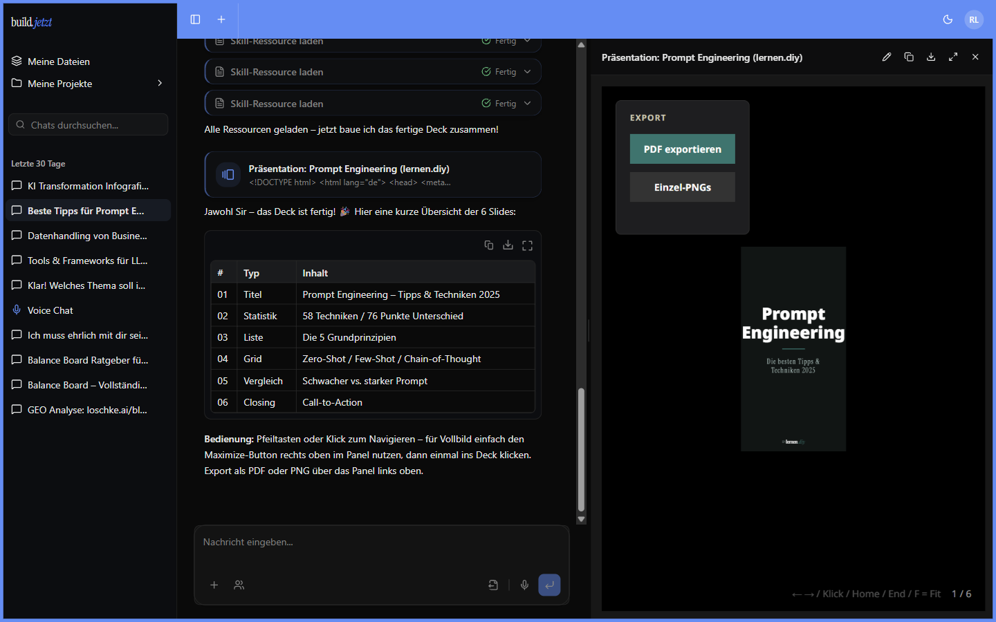 build.jetzt Chat-Interface mit Tool-Calls, Tabelle und Artifact-Panel mit generiertem Präsentations-Deck