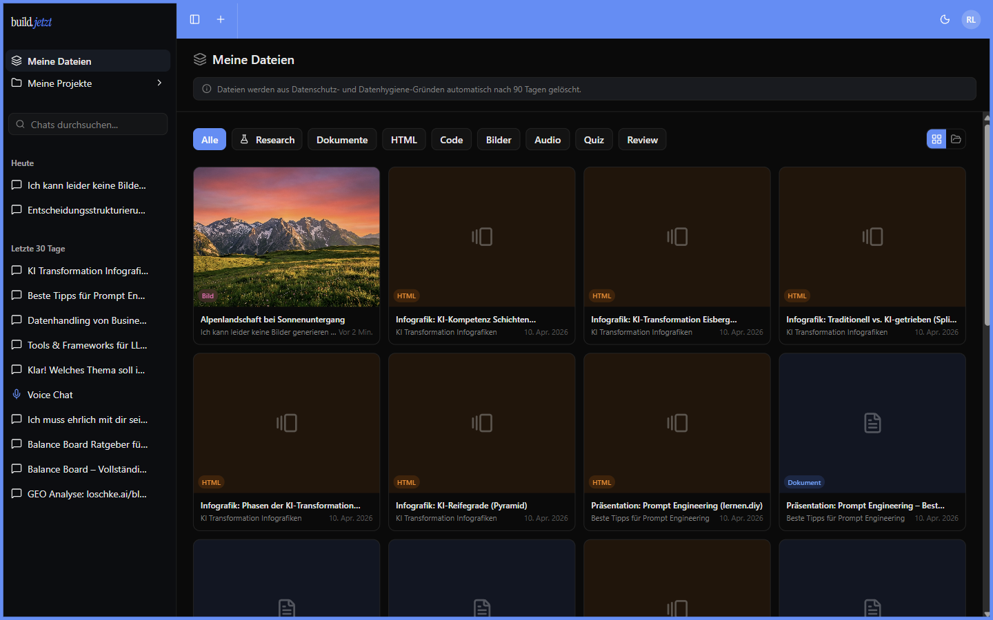 build.jetzt Meine Dateien: strukturierte Ablage aller Artifacts, filterbar nach Typ
