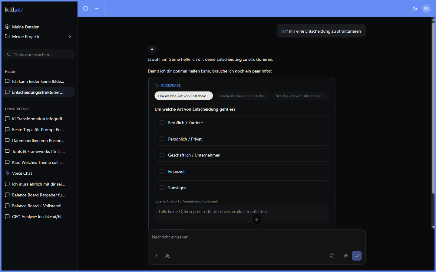 build.jetzt Ask-User-Modul: strukturierte Rückfrage mit Tabs, Auswahlliste und Freitextfeld