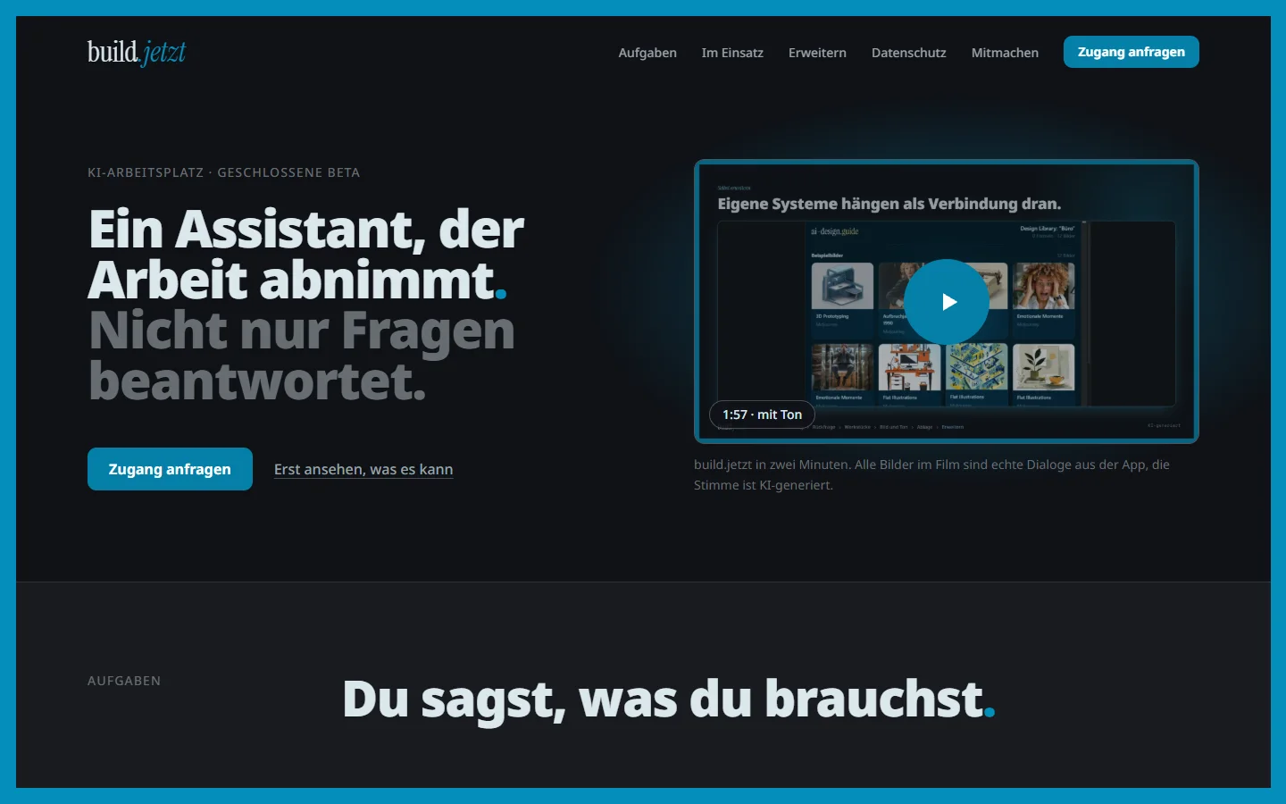 build.jetzt Startseite – Hero: Ein Assistant, der Arbeit abnimmt. Nicht nur Fragen beantwortet.