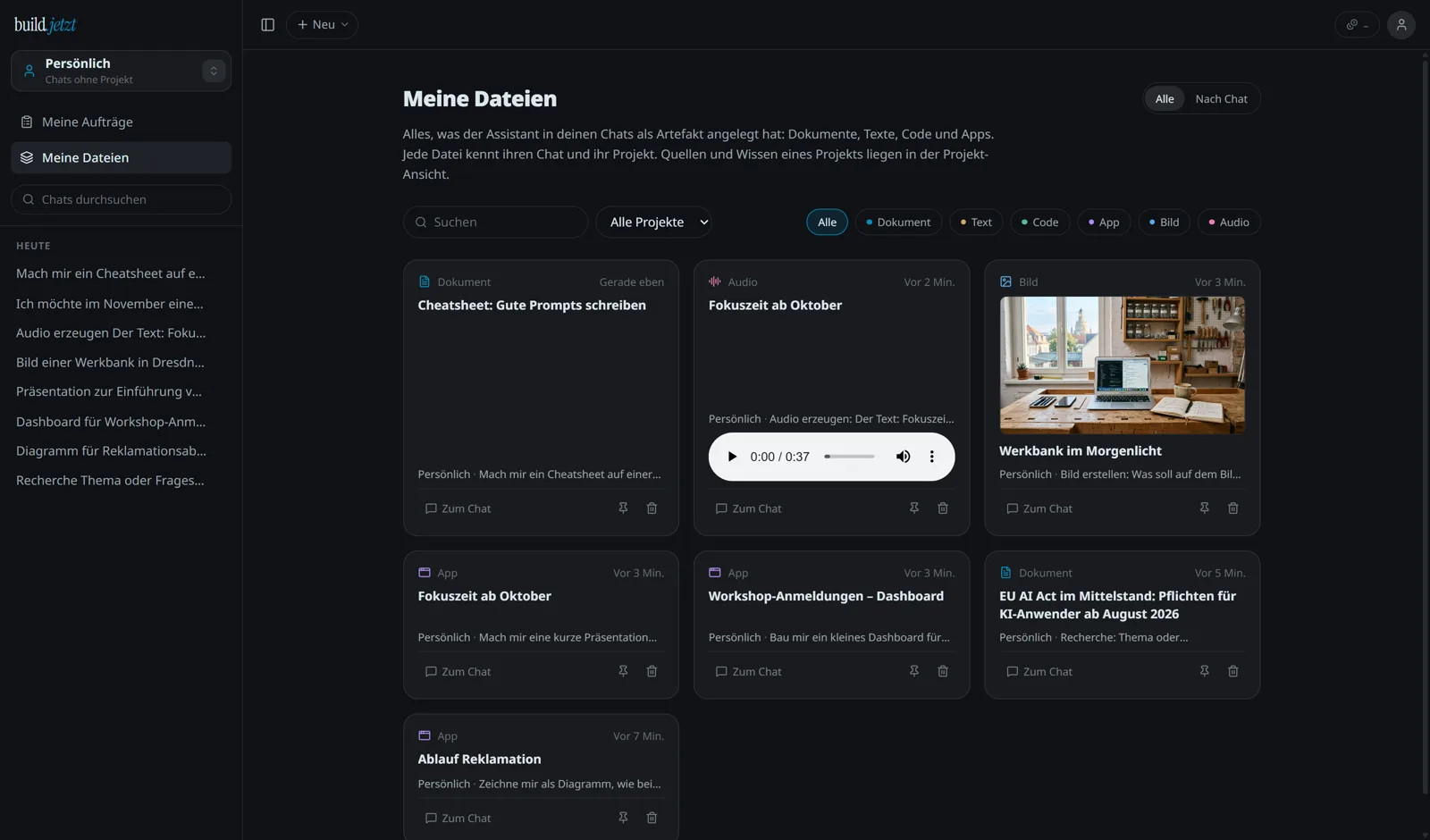 build.jetzt: Ansicht Meine Dateien mit Karten für Dokument, Audio, Bild und Apps