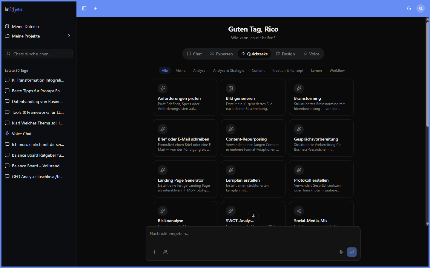 build.jetzt Quicktasks-Übersicht mit kuratierten Aufgaben-Vorlagen