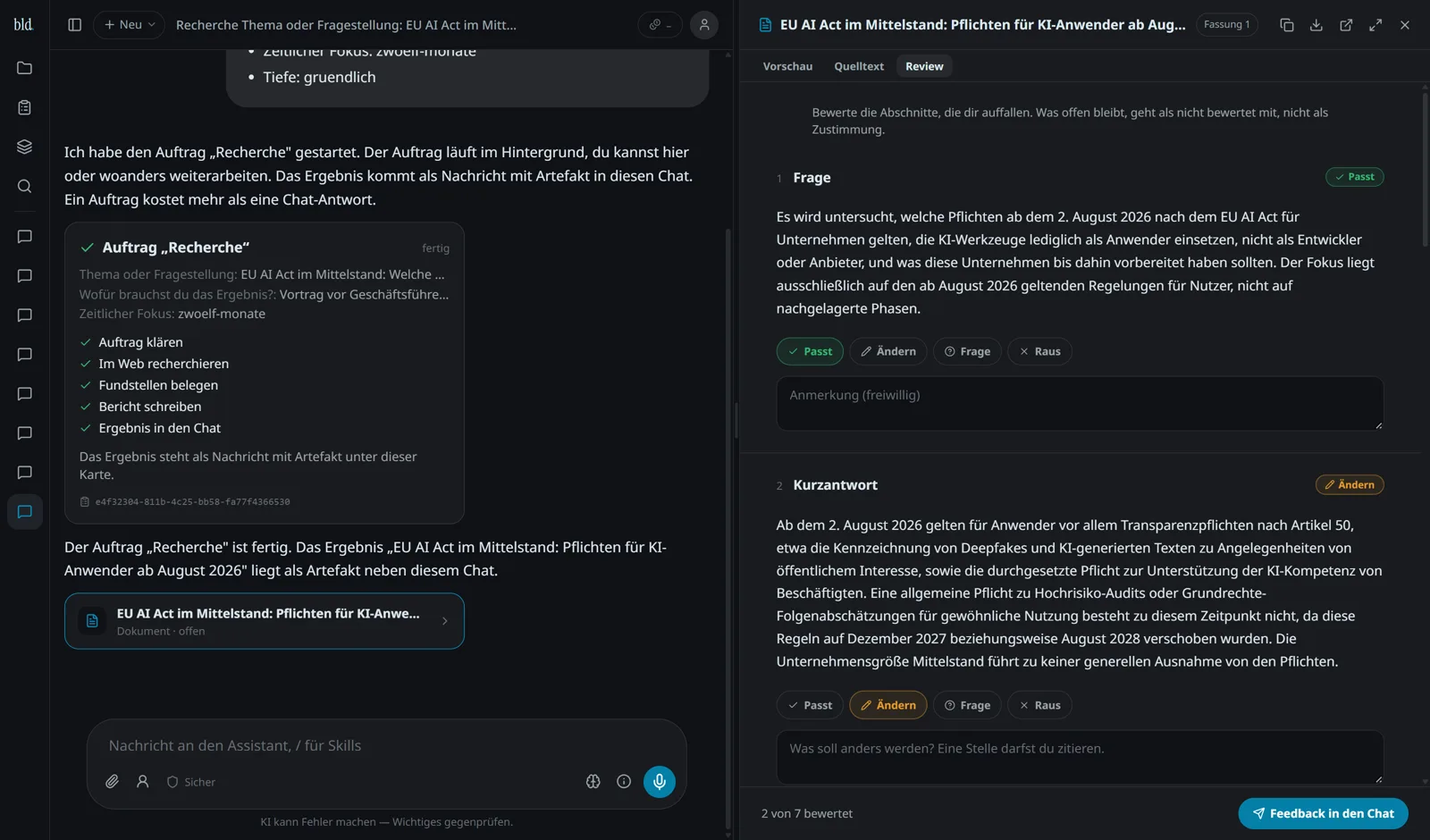 build.jetzt: Review-Ansicht eines Dokuments mit den Knöpfen Passt, Ändern, Frage und Raus je Abschnitt