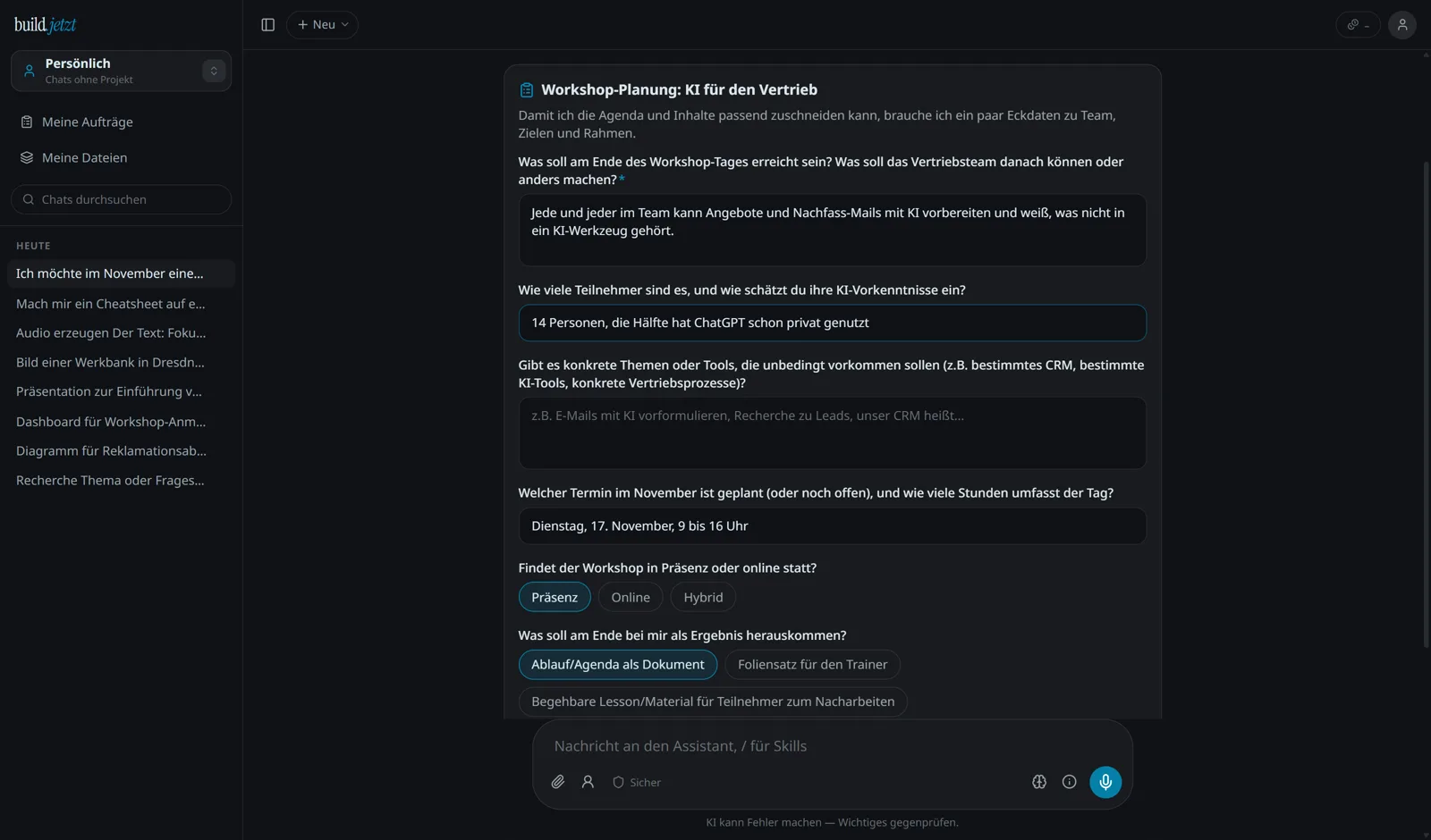 build.jetzt: ein Formular im Chat zur Workshop-Planung mit Textfeldern und Auswahlknöpfen