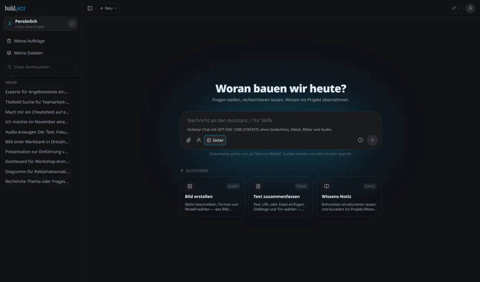 build.jetzt: Eingabefeld mit aktivem Schalter Sicher und Hinweis auf das Modell bei STACKIT in Deutschland