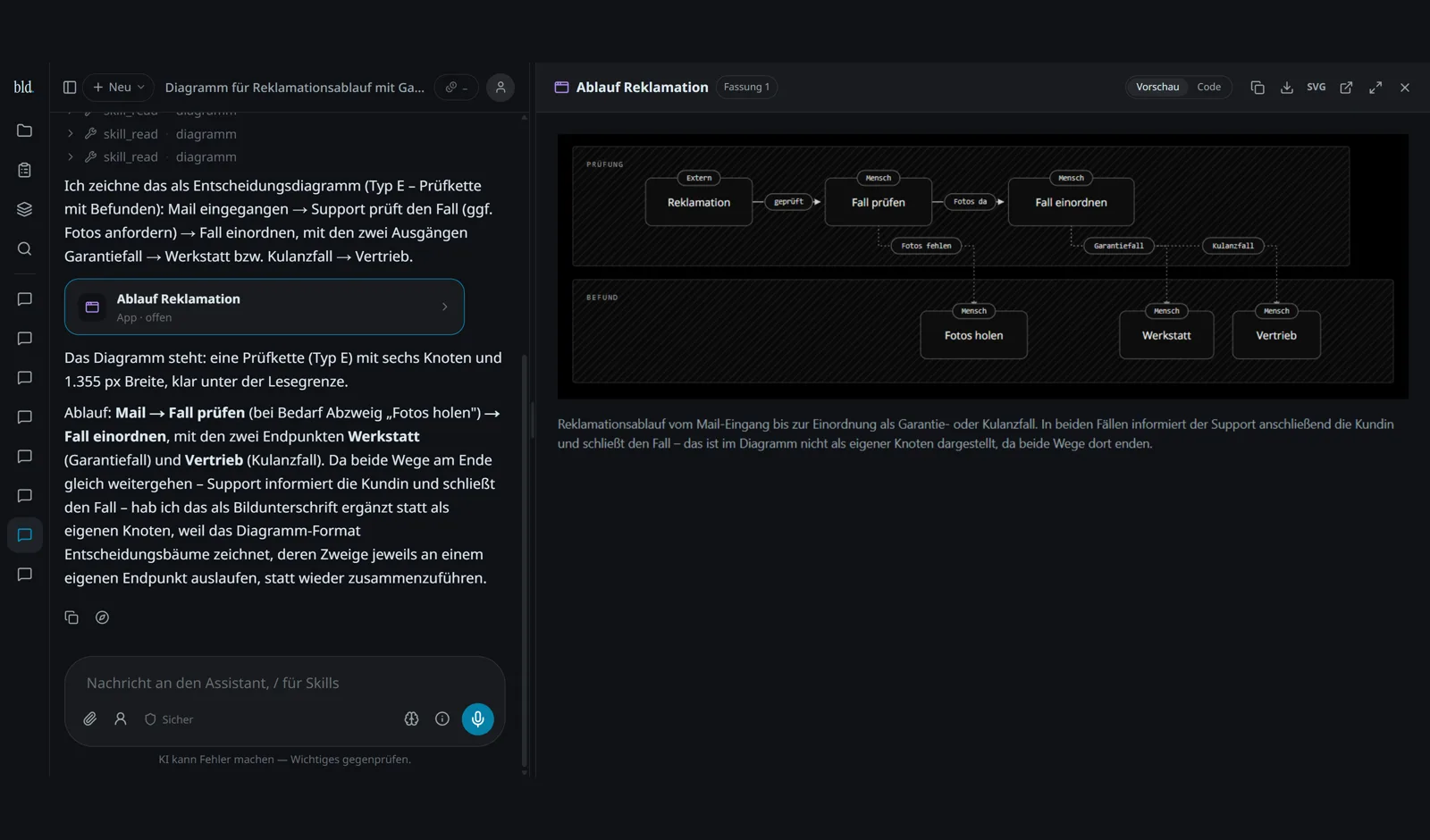 build.jetzt: Beschreibung eines Reklamationsablaufs im Chat, rechts das daraus gerechnete Ablaufdiagramm