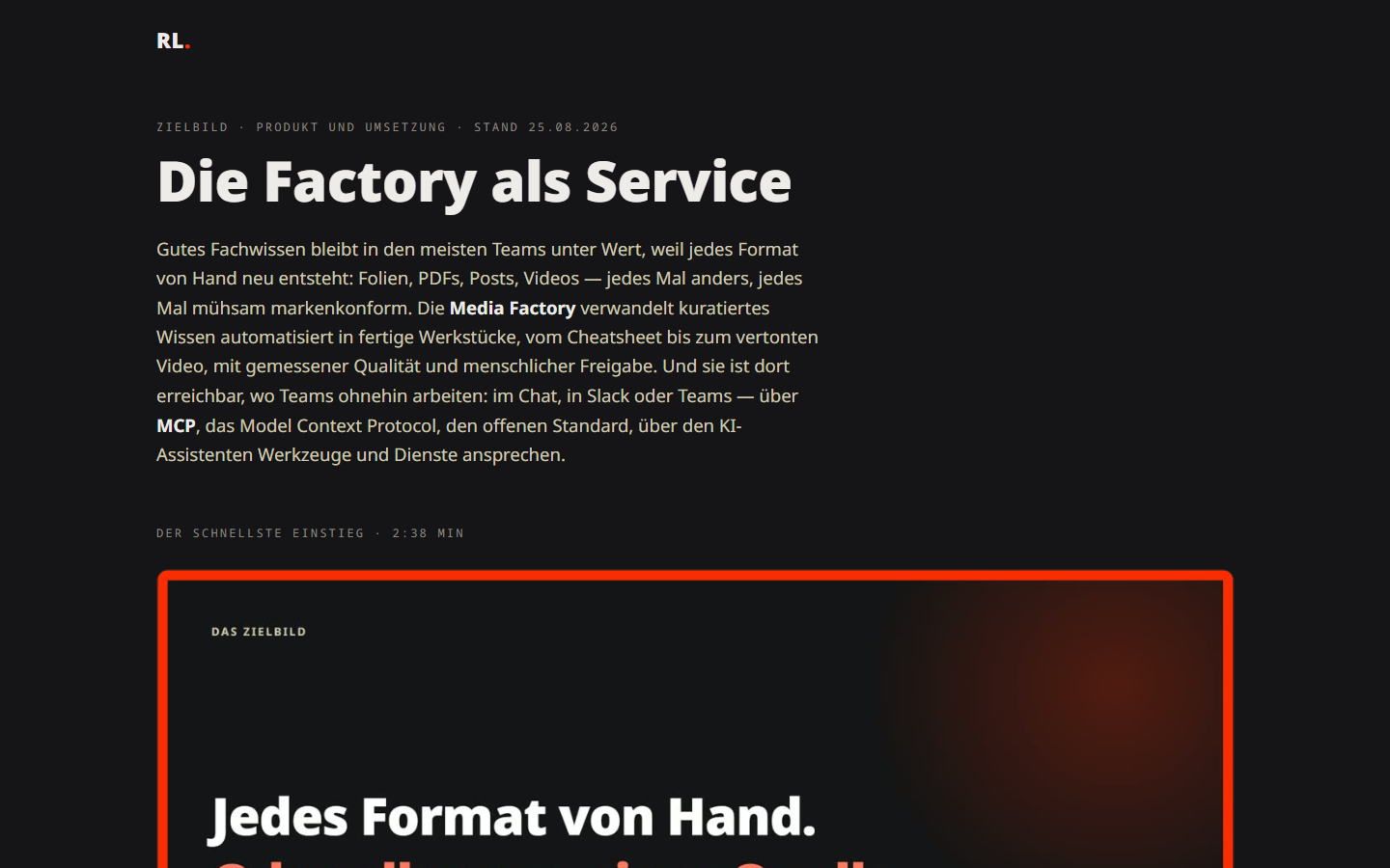 factory.casa Zielbild-Seite – Kopf: Die Factory als Service, mit eingebettetem Erklärfilm