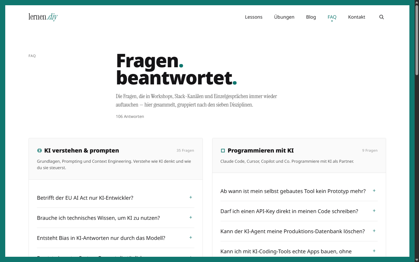 lernen.diy FAQ mit gesammelten Fragen nach Disziplinen gruppiert