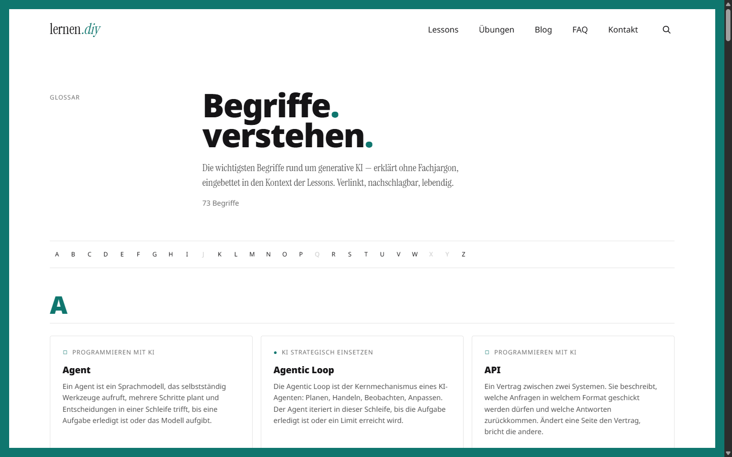 lernen.diy Glossar mit Begriffen der generativen KI, alphabetisch und nach Disziplin sortiert