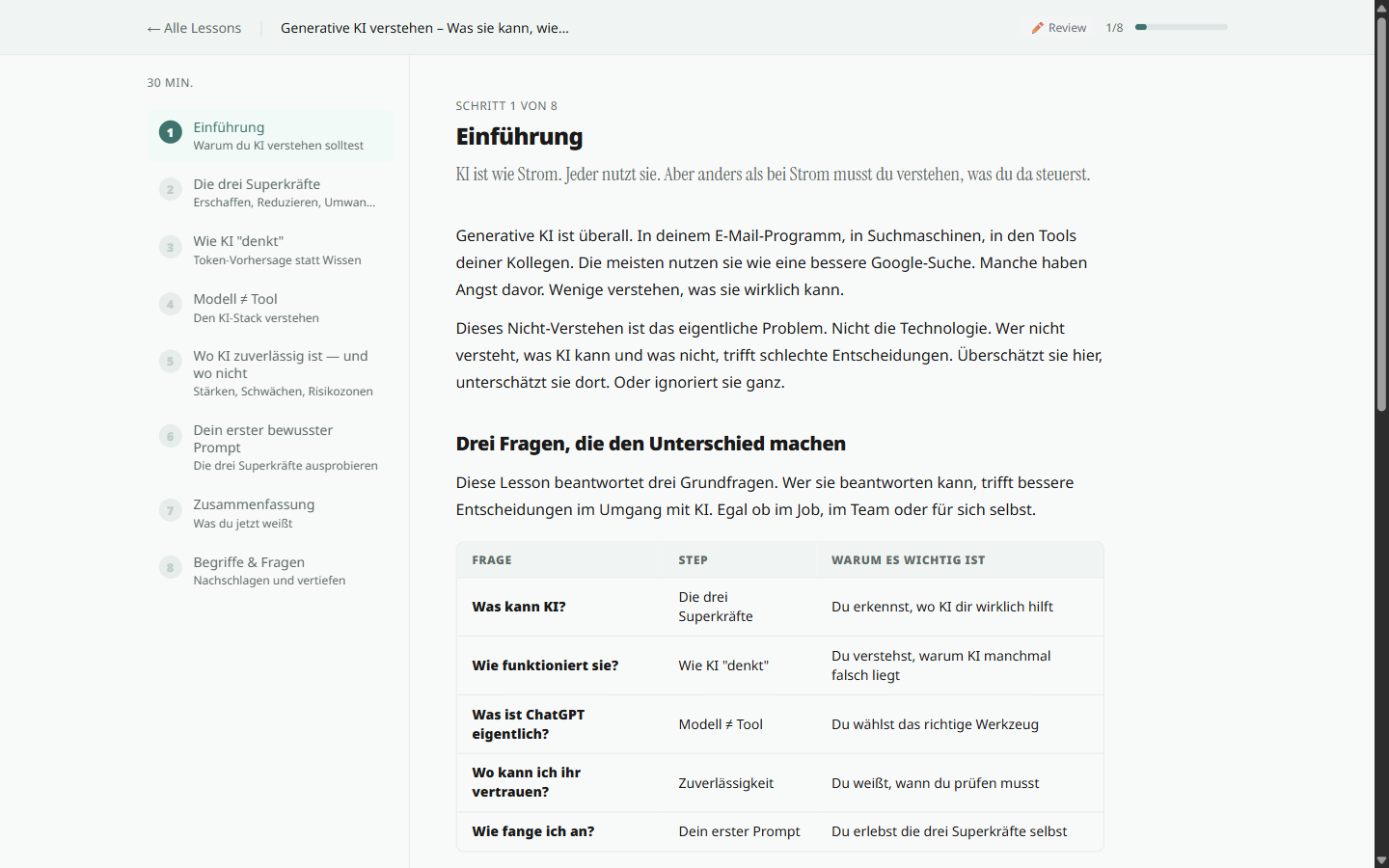 lernen.diy Lesson-Ansicht mit Sidebar-Navigation und interaktivem Inhalt