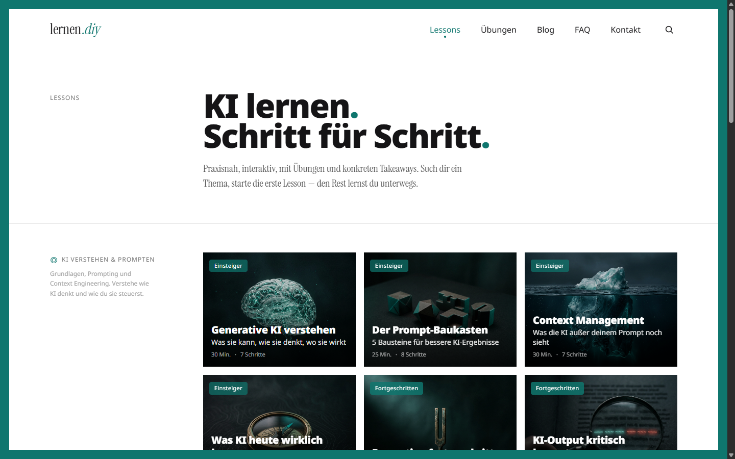 lernen.diy Lessons-Übersicht mit Kategorien und Lesson-Cards