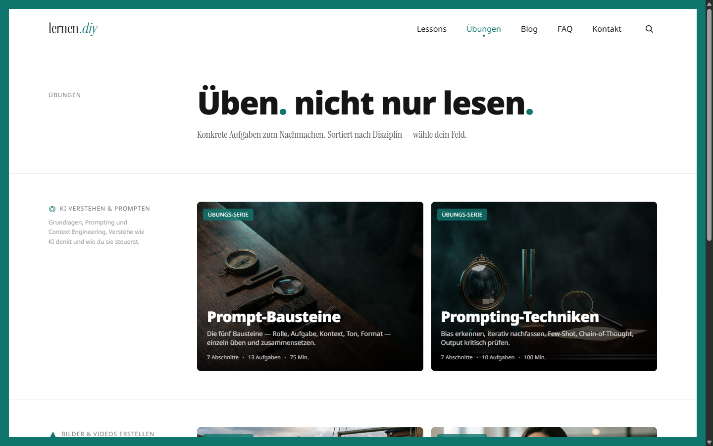 lernen.diy Übungen-Seite mit konkreten Aufgaben zum Nachmachen