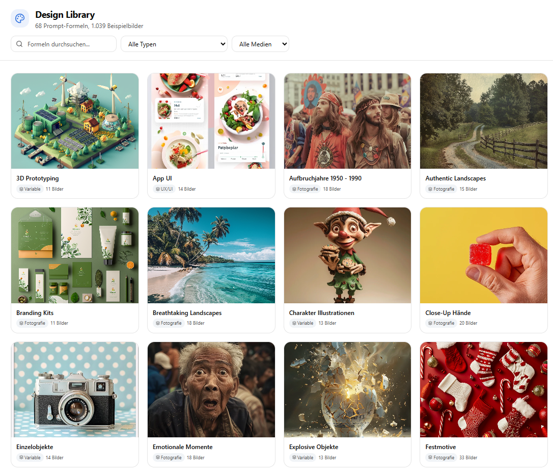 Design Library in build.jetzt: Übersicht mit 70+ Prompt-Formeln und 1000+ Beispielbildern, gefiltert nach Typ und Medium