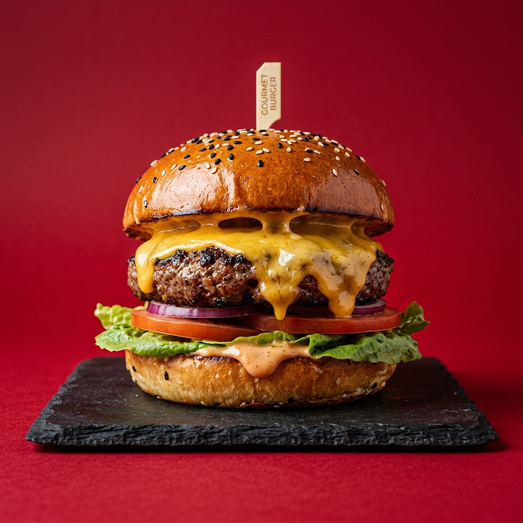 Gourmet-Burger vor rotem Hintergrund