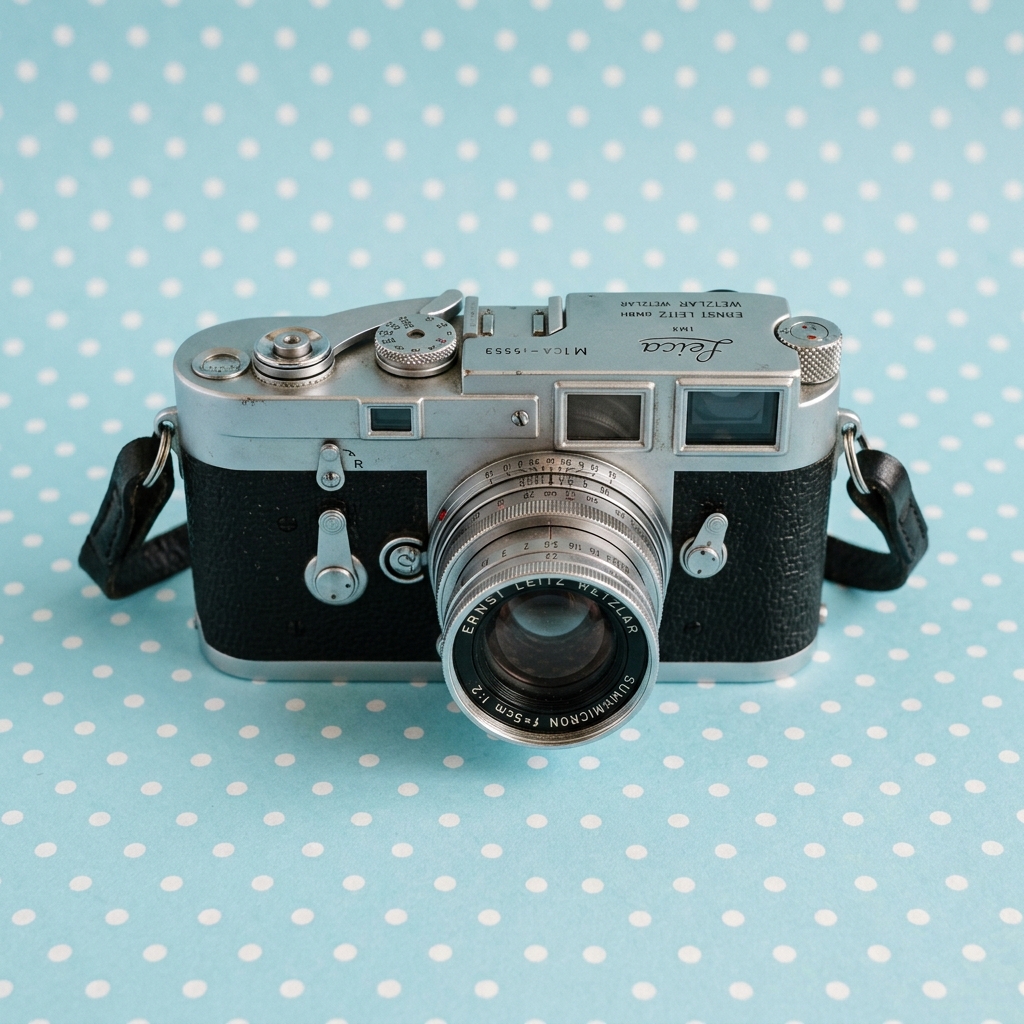 Vintage-Kamera vor pastellblauem Hintergrund